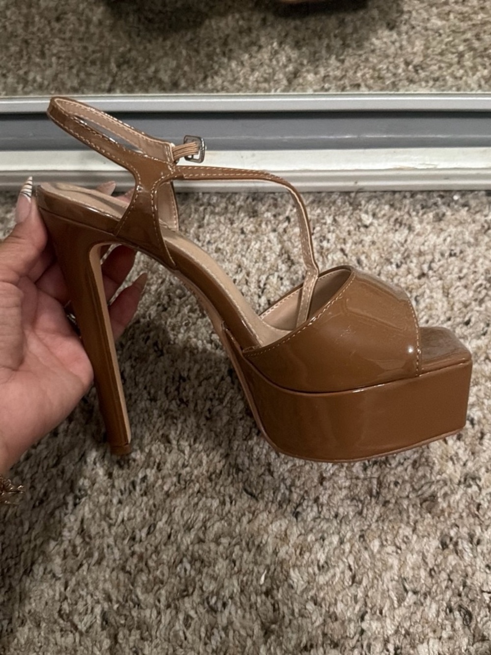 Fashion Nova Glossy Brown Platform T‑Strap Heels